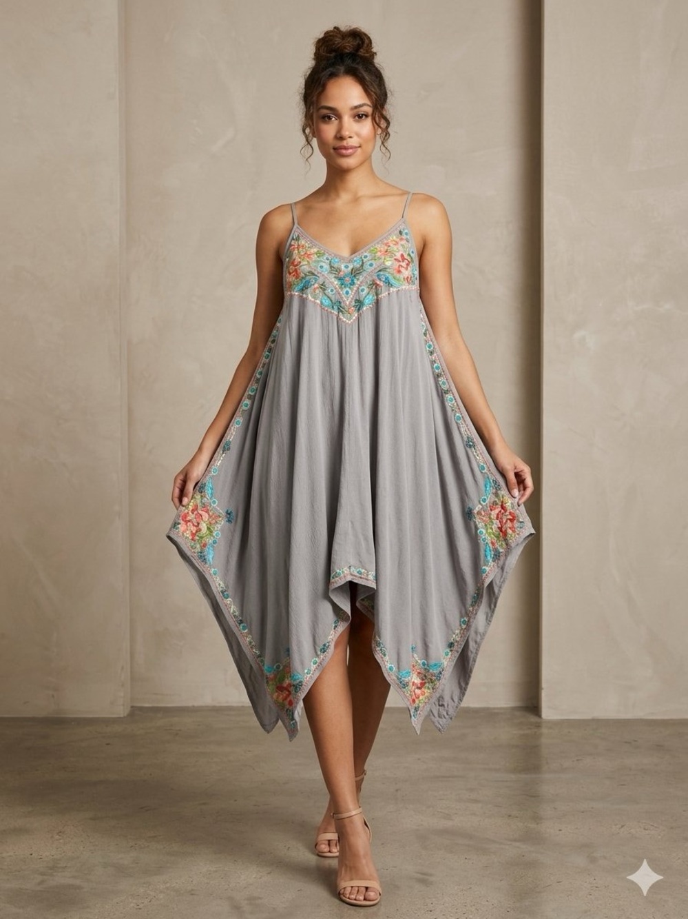 Johnny Was Gray Hand-Embroidered Asymmetrical Slip Dress